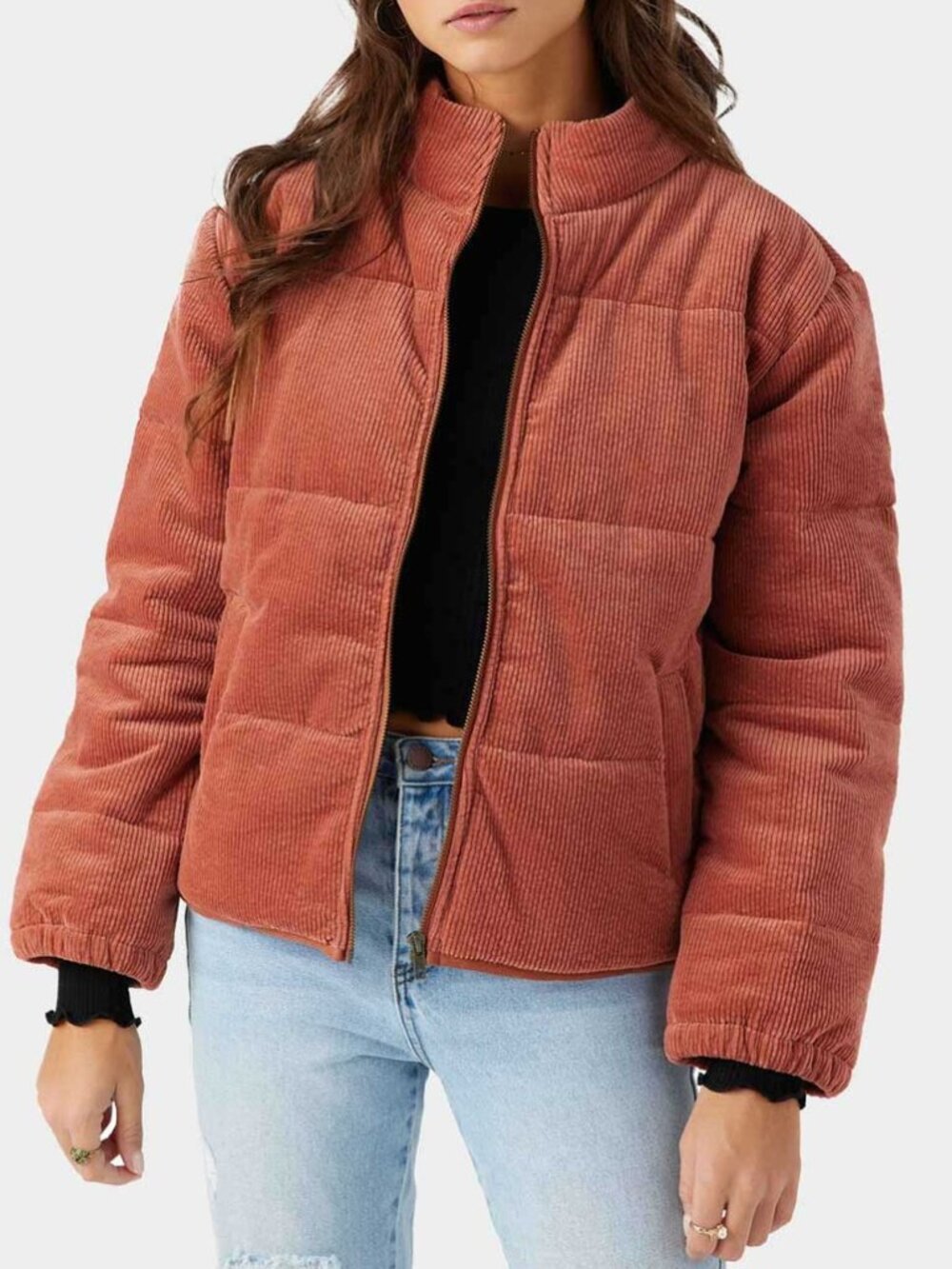 O'Neill Novah Corduroy Quilted Puffer Jacket with Zip Rust Orange